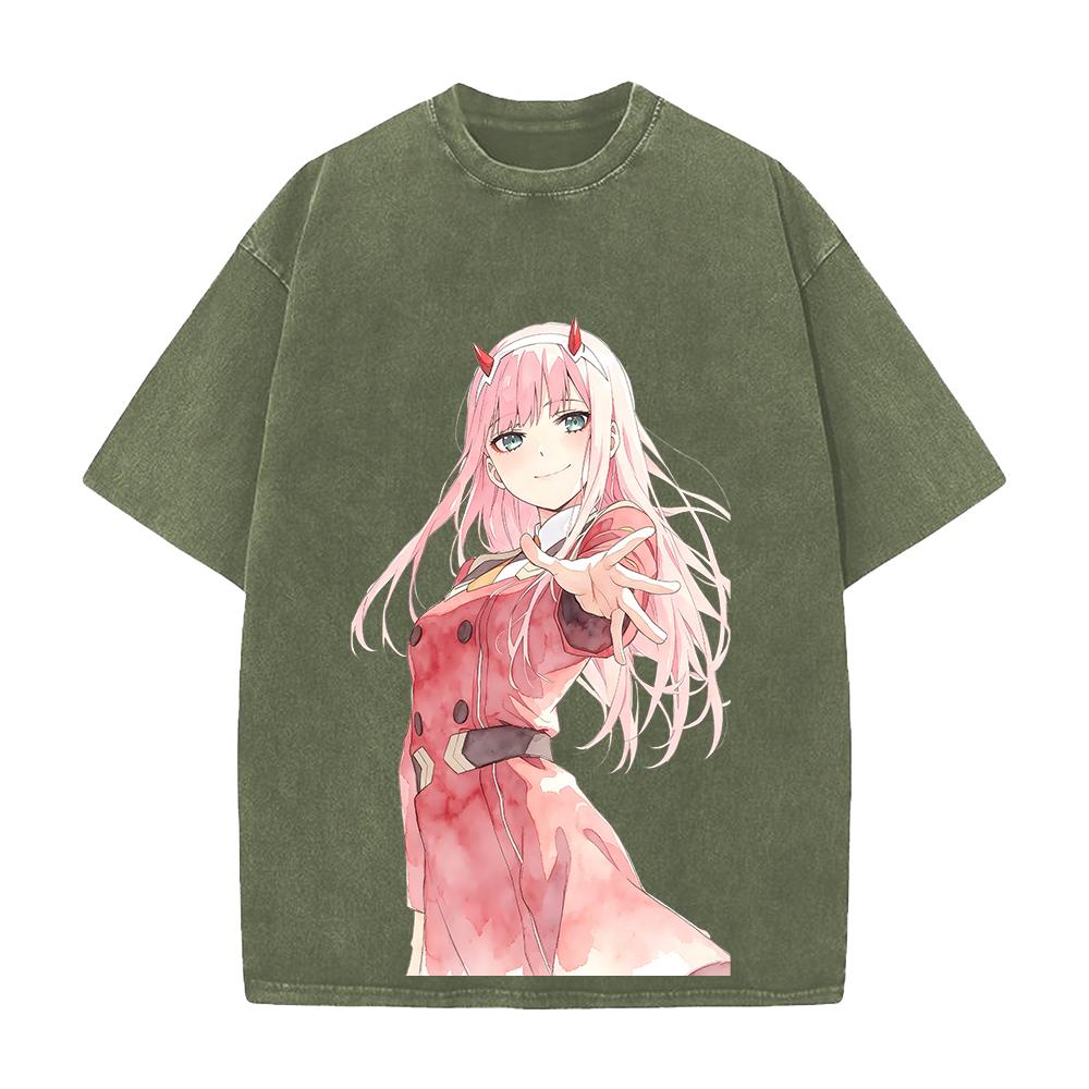 DARLING In the FRANXX Zero Two Printed Tee Men Women Vintage Washed T-shirts Oversized Cotton Streetwear Short Sleeve Clothing