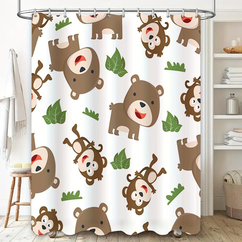 Adorable Monkey Bears Shower Curtain Waterproof Fabric Decorative Bathroom Window Covering For Kids Bath Room Green Leaf Print
