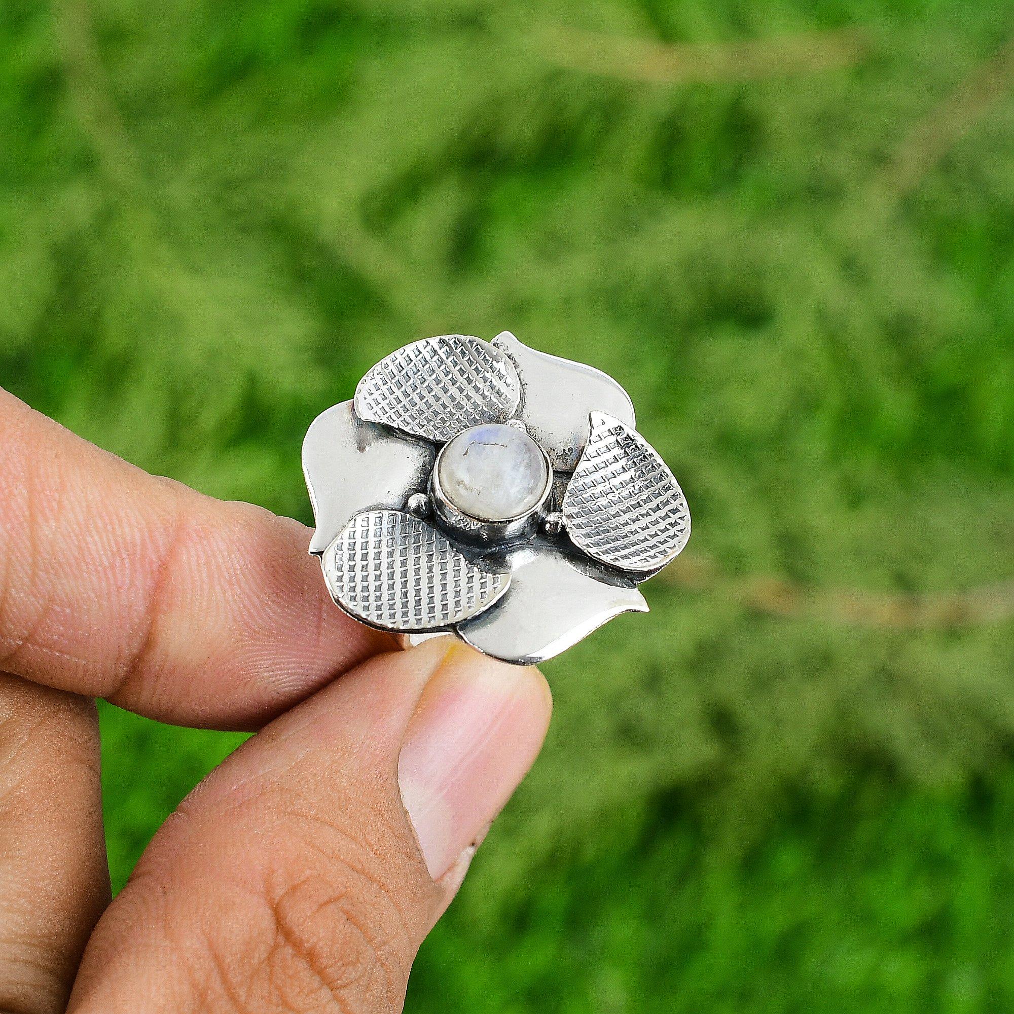

Natural Rainbow Moonstone Daughter Stackable Flower Ring Jewelry Sterling Silver Adjustable