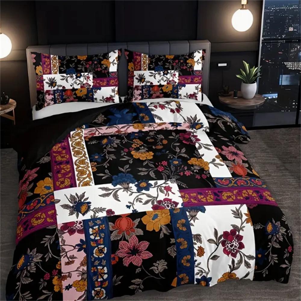 Floral Patchwork Duvet Cover Set 3PCS - 100% Polyester Breathable Bedding, Digital Print, Machine Washable, No Insert Included