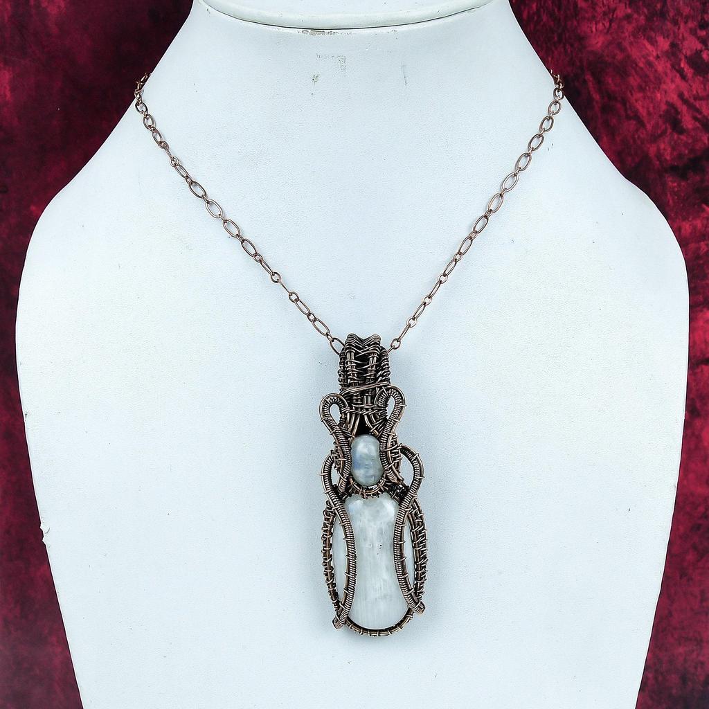 Rainbow Moonstone Pendant Copper Wire Wrapped Handmade Jewelry Gemstone Pendant