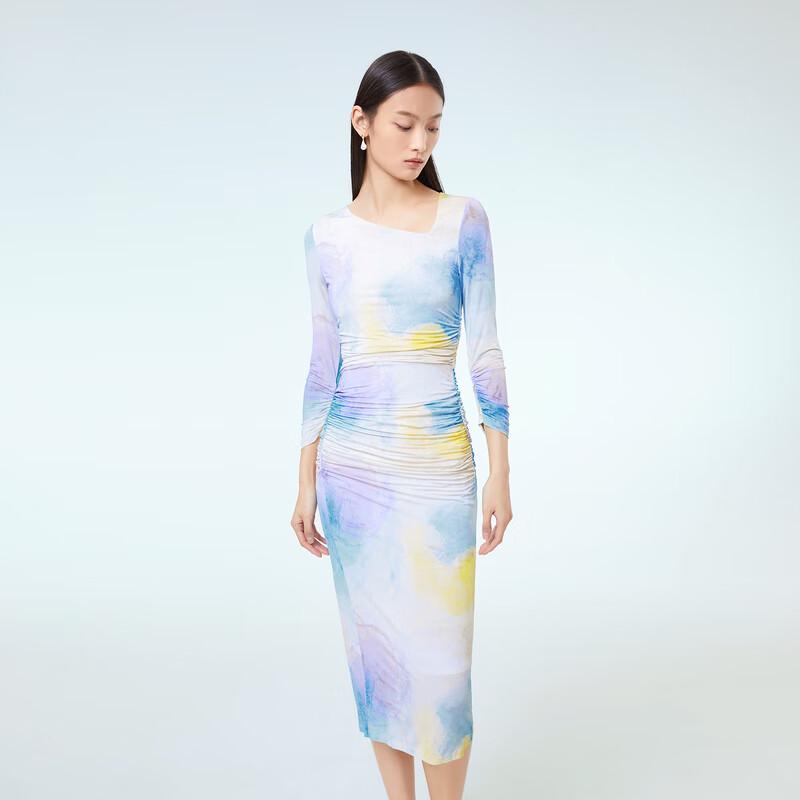 

OVVOVV Women s Abstract Print Pleated Irregular Short Sleeve Knit Dress XS (155/80Y)