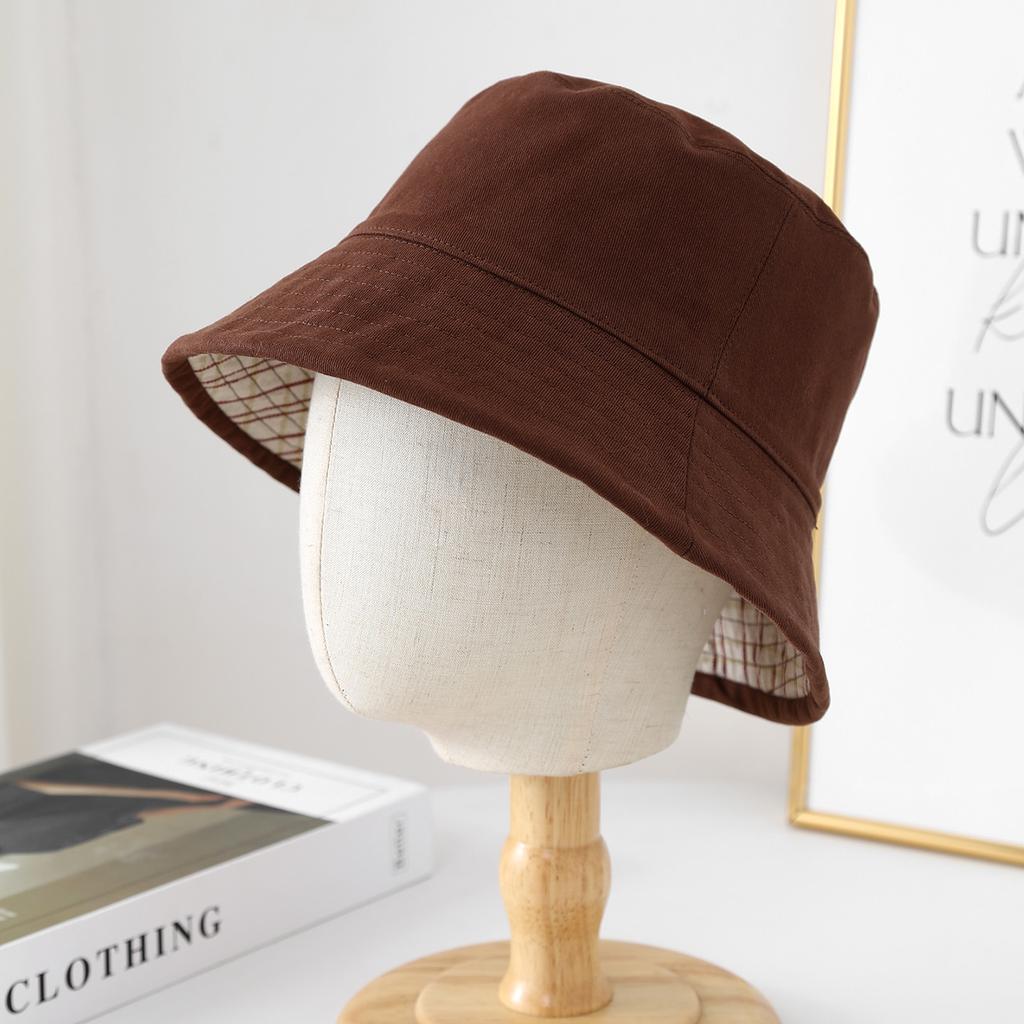 Autumn Winter Bucket Hat Women Double Sided Plaid Fisherman Cap Flat Top Foldable Sunshade Korean Style Casual Vintage