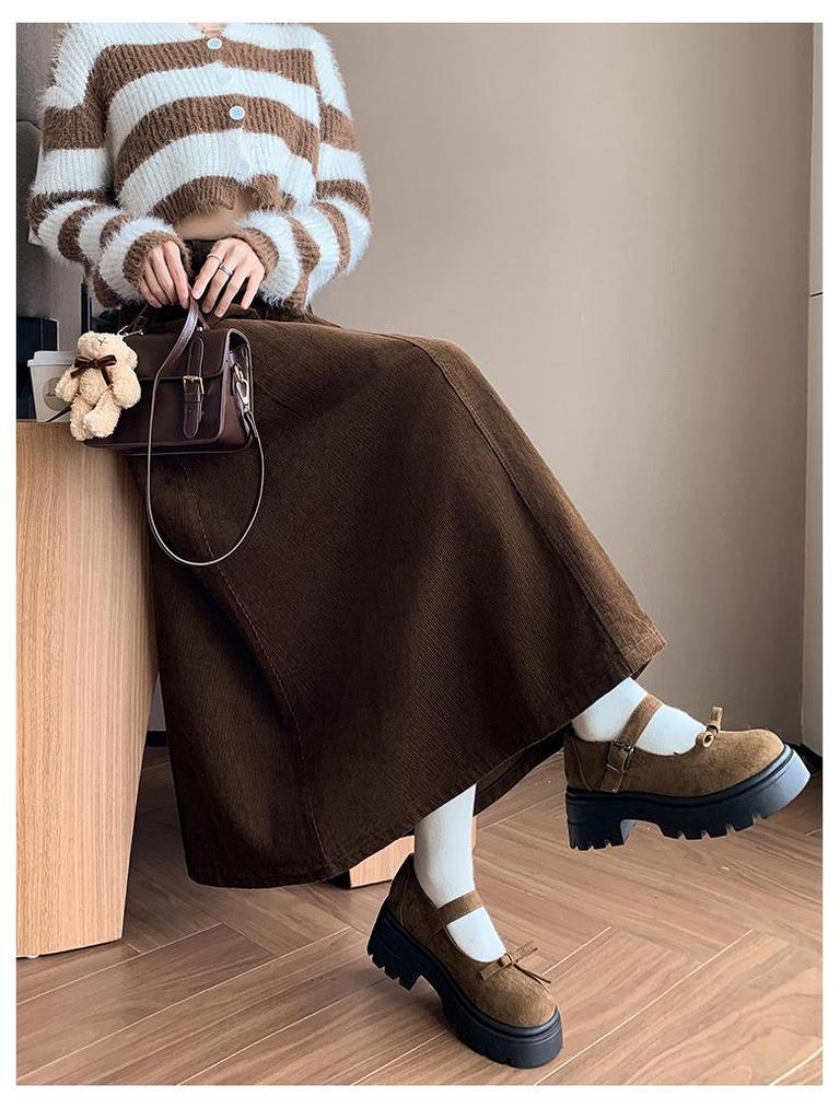 Women's High Waist Corduroy Midi Skirt - 2025 Autumn Winter Korean Style, Large Flare Pleated Design