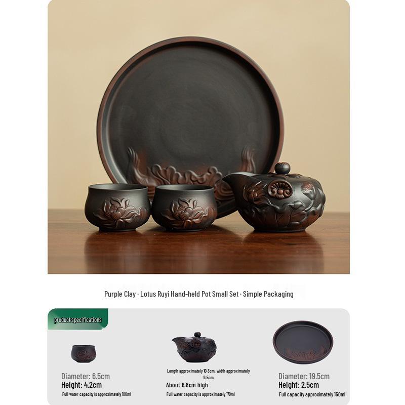 Purple Clay Lotus Ruyi Teapot Set: Episode 2 - High-Grade Gongfu Tea Set with One Pot and Two Cups.