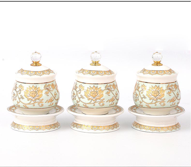 White Marble Buddhist Offering Set: Water Cup, Fruit Plate & Incense Burner.