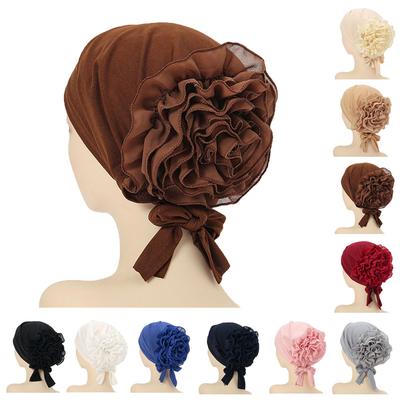 Big Flower Muslim Women Hijab Stretch Turban Inner Hat Cancer Chemo Beanie Cap Pre-Tied Scarf Headwear Headwrap Hair Accessories