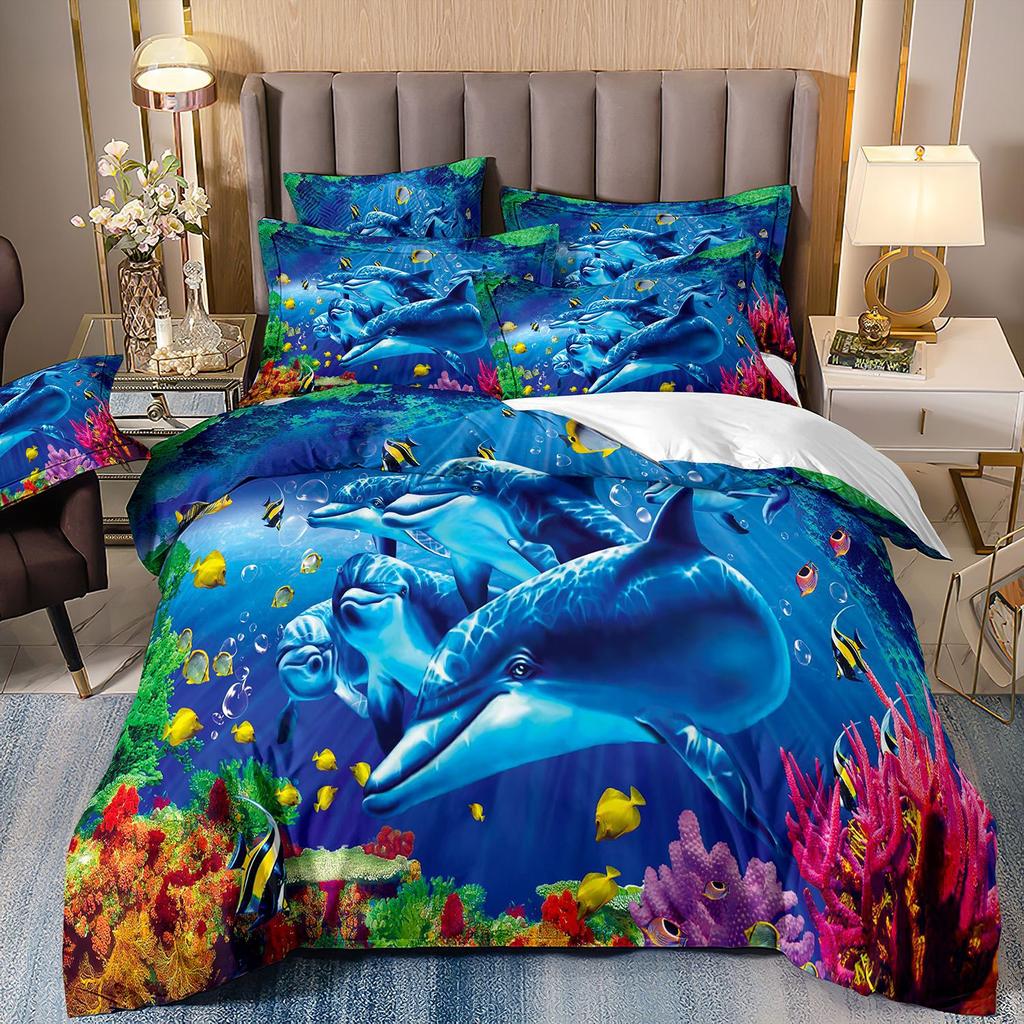 3D-gedruckte Heimtextilien Bettwäsche Delfin Meeresschildkröte Meerestier Quilt-Set Dreiteiliges Set