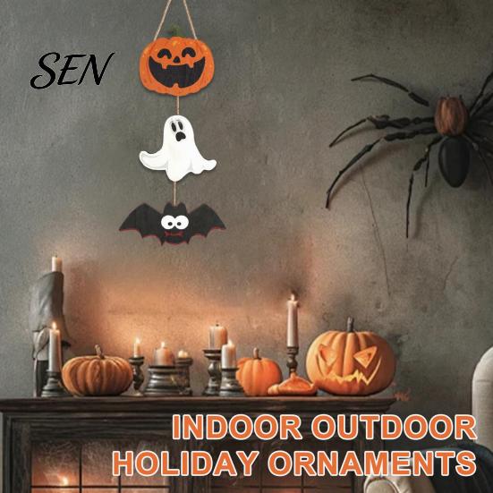 Seasonal Holiday House Ornaments Halloween Wooden Hanging Ornament, Jack-o'-Lantern Ghost Bat 3-Tier String Door Hanger, Cute Theme Store Accents Wood