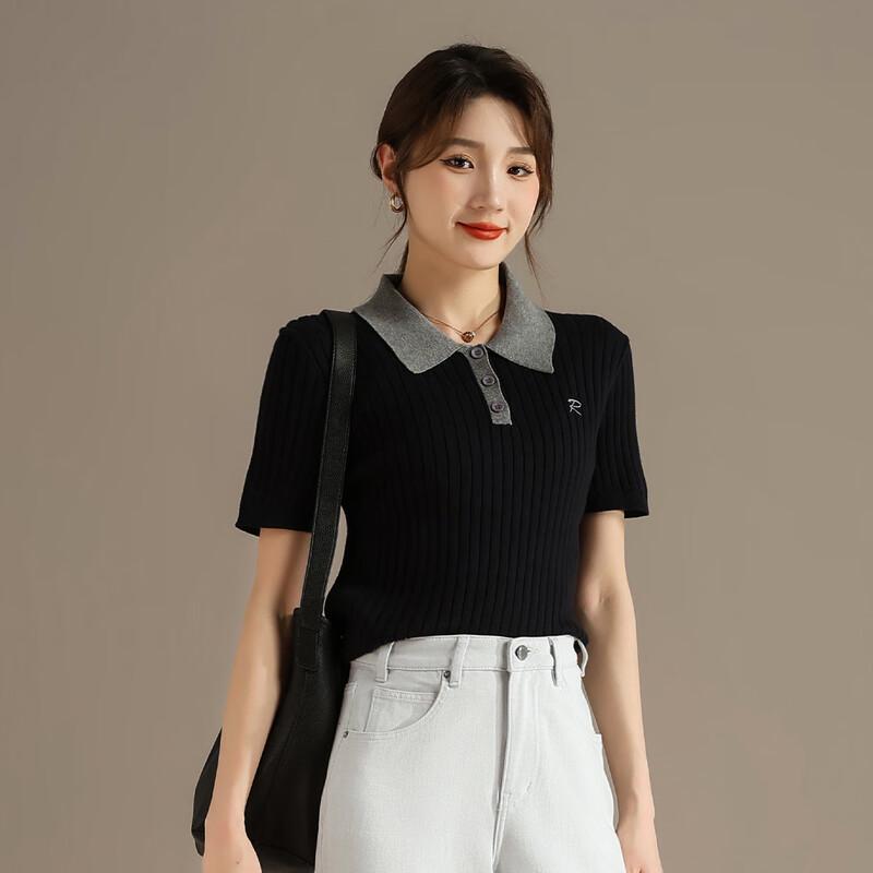 RAIN.CUN Women's Academy Style Color-block Knit Polo Shirt