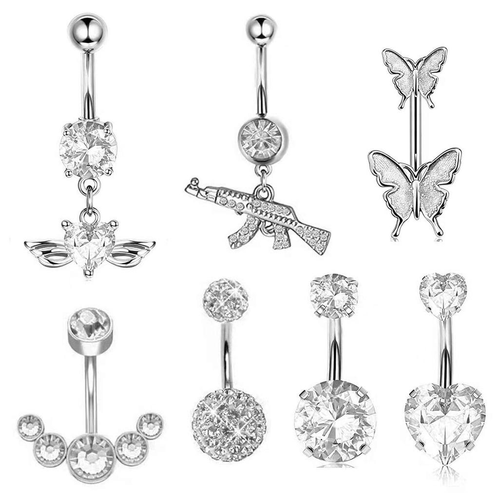 7-piece Pink and White Navel Ring Set with Heart, Zircon, Butterfly, and Gun Navel Ring Combination