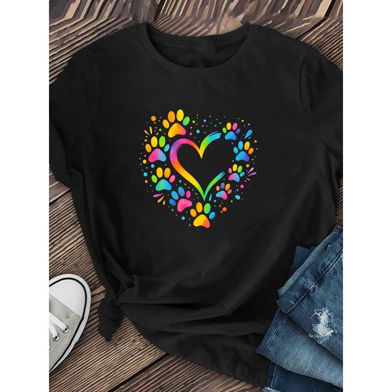 European Size Women's "Colorful Heart with Pet Claw" Print Short Sleeve, Made of Soft and Breathable Polyester Fiber with Moderate Elasticity