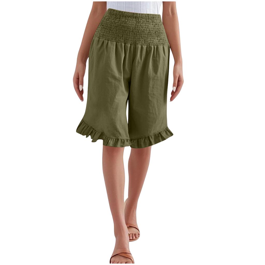 Damen Farbige Hohe Taille Plissierte Baumwolle Leinen Lockere Freizeitshorts