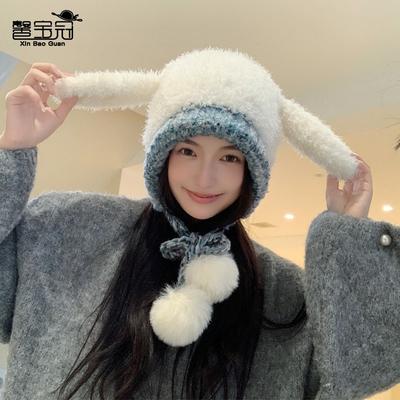 Chapeau en peluche mignon oreilles de lapin femme visage petit protège-oreilles pull-over chapeau hiver froid chaud chapeau tricoté