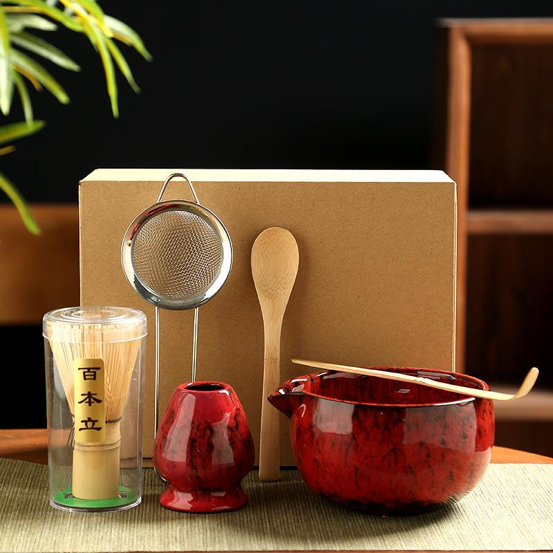 6PCS Matcha Tea Set Ceramic Matcha Bowl Bamboo Whisk Scoop Teaspoon Sifter Vintage Song Dynasty Tea Ceremony Kit