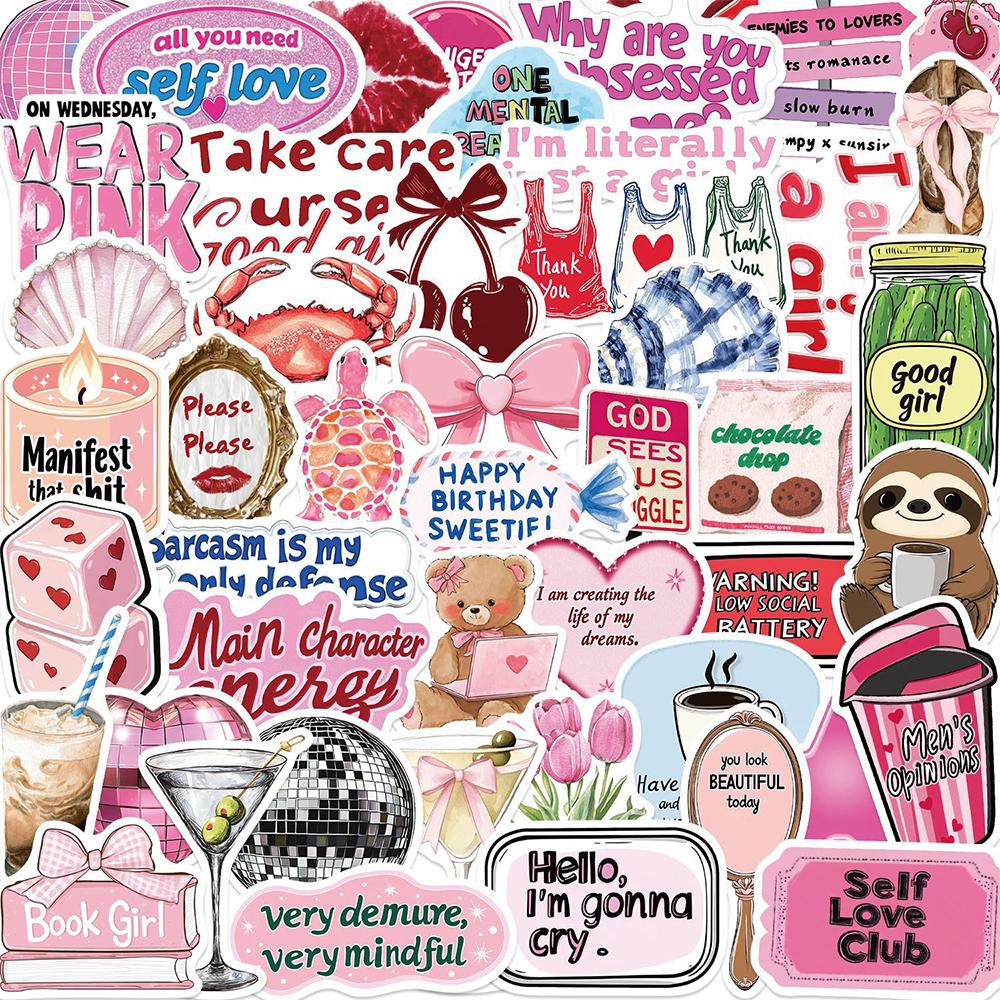 10/30/50pcs Cute Pink Inspirational Cartoon Stickers Aesthetic Decals Cartoon DIY Stationery Scrapbook Phone Kawaii Sticker Pack