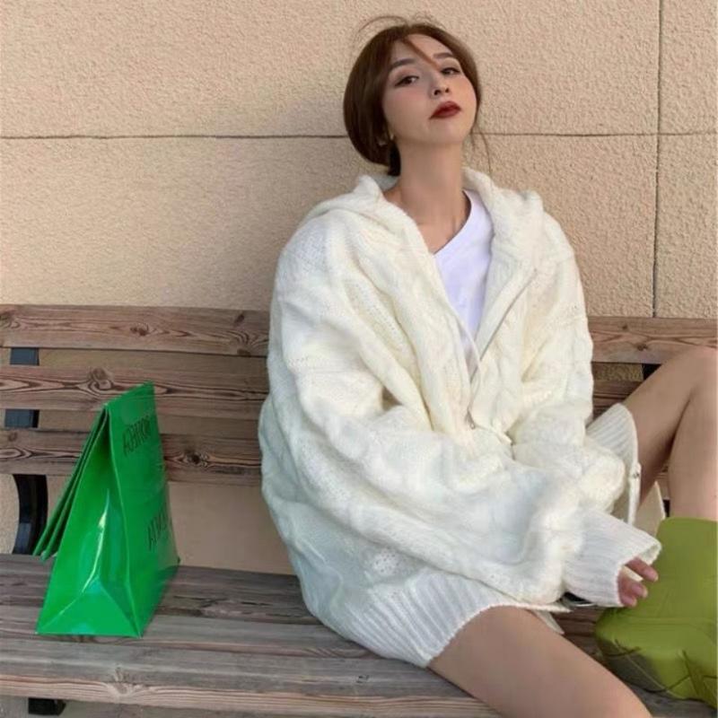 Lazy Fried Dough Twist Strick-Cardigan für Damen, Herbst und Winter 2022, neuer College-Stil, weicher, wachsartiger Kapuzenpullover