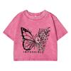 Women Cotton Washed T-Shirts Summer Distressed Regular Fit Crop Tops Rose Butterfly Impossible Letter Prints Clothes