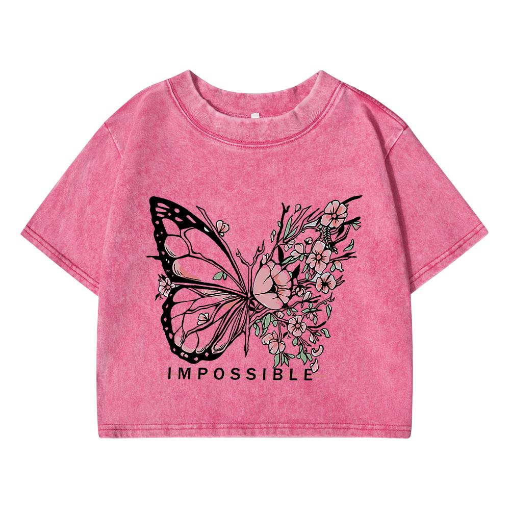 Women Cotton Washed T-Shirts Summer Distressed Regular Fit Crop Tops Rose Butterfly Impossible Letter Prints Clothes