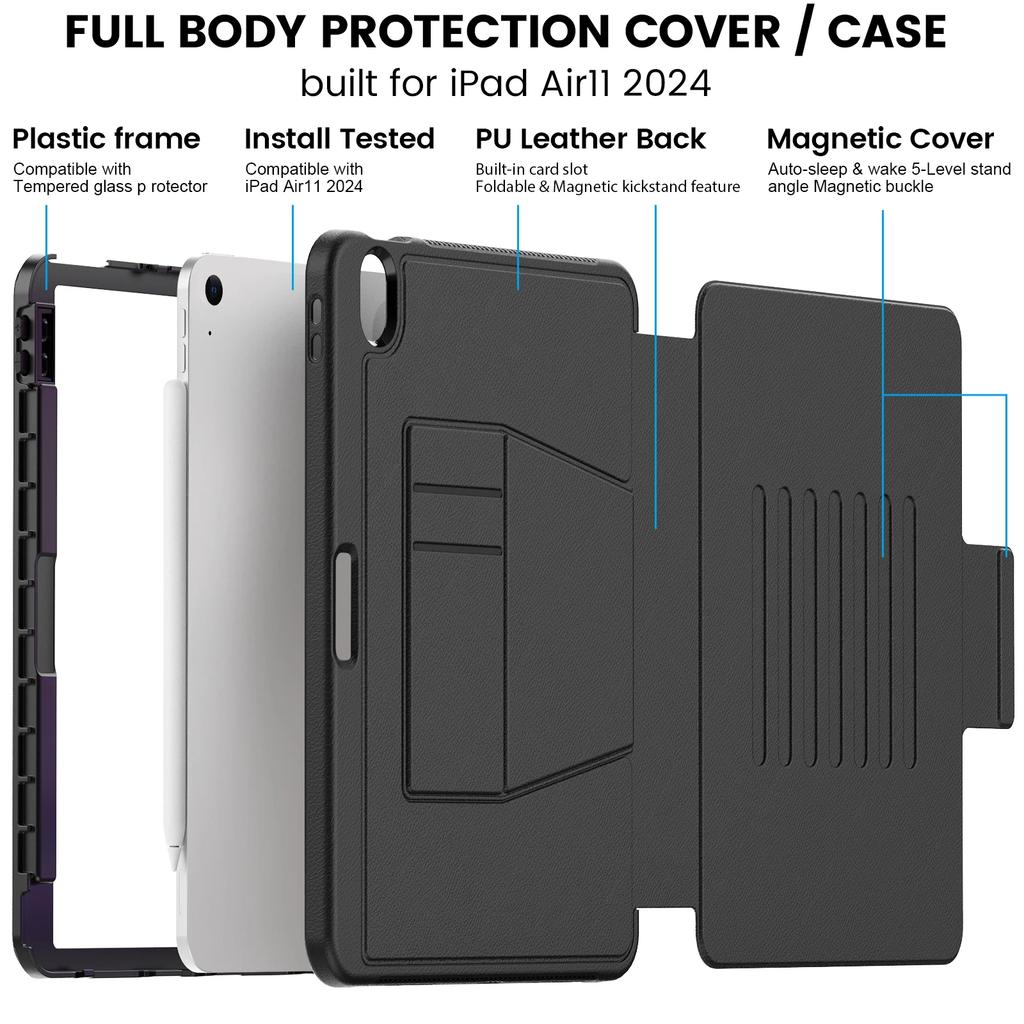 Case for IPad Air 11 13 2024 Rugged Full Body Protection PU and Plastic Hybrid Combo Cover for IPad Pro 11 13 Inch