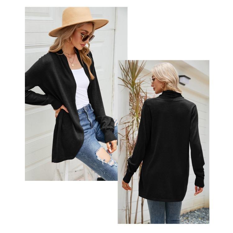 GMXIA Women's Solid Color Print Mid-length Sweater Coat Temperament Loose Knit Autumn Winter Long Sleeve V-Neck Jackets & Coats