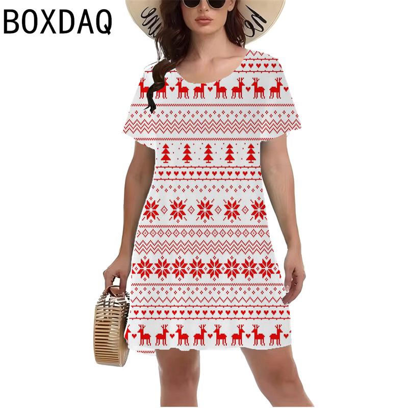 Lady's New Christmas-themed 3D Printed Deer Pattern Short-sleeved Summer Dress, Short-sleeved Round-neck Casual Style Dress