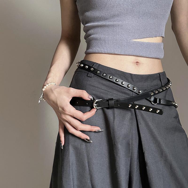Punk Cowboy Style Double Circle Waist Belt Bucket Nail Extra Long Thin Waist Belt Casual Versatile Rivet Belt