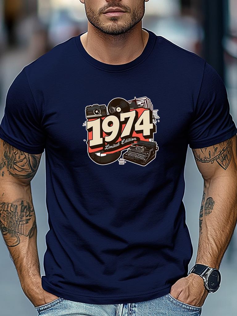 Mens Retro TShirt 1974 Limited Edition Vintage Print Short Sleeve Round Neck Breathable Nostalgic Daily Wear TShirt