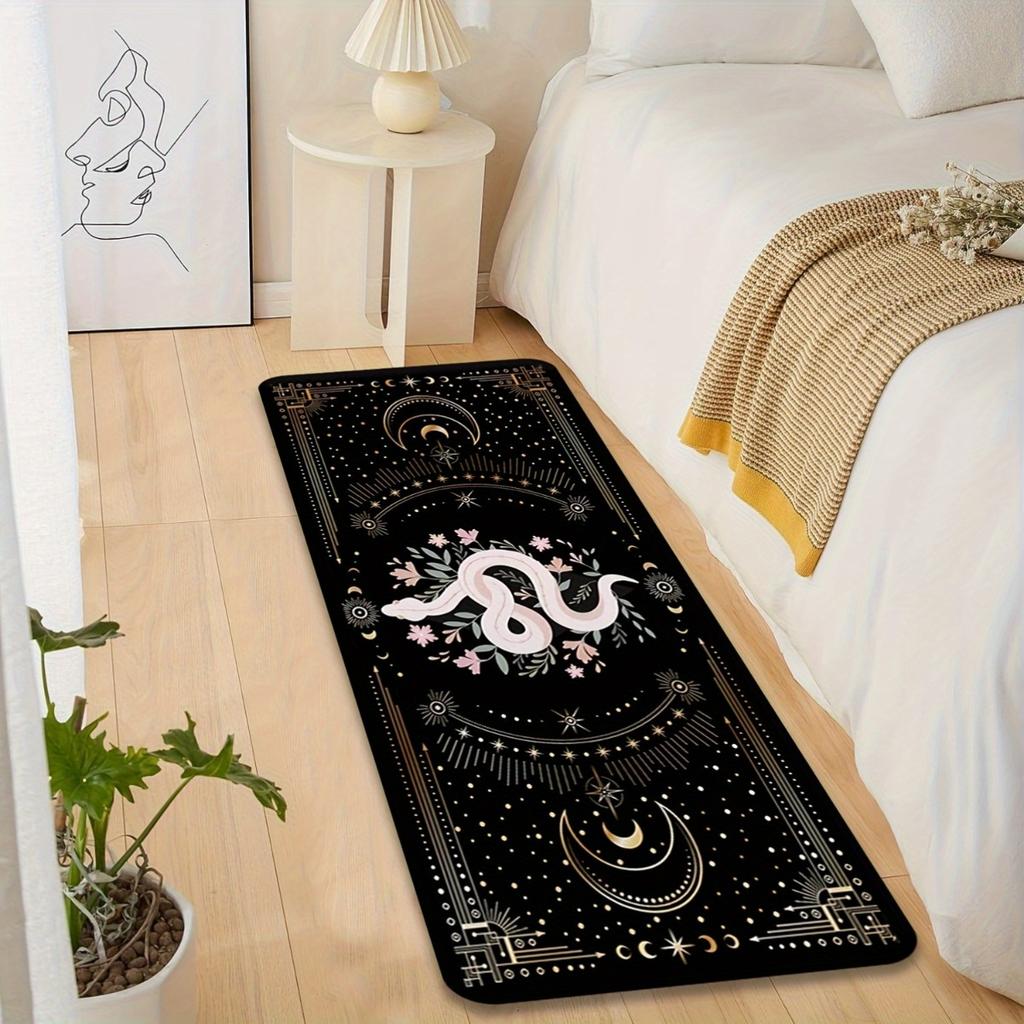 Mystical Tarot Snake Print Long Runner Rug, Black Gold Celestial Moon Star Pattern Non-Slip Washable Floor Mat for Entryway
