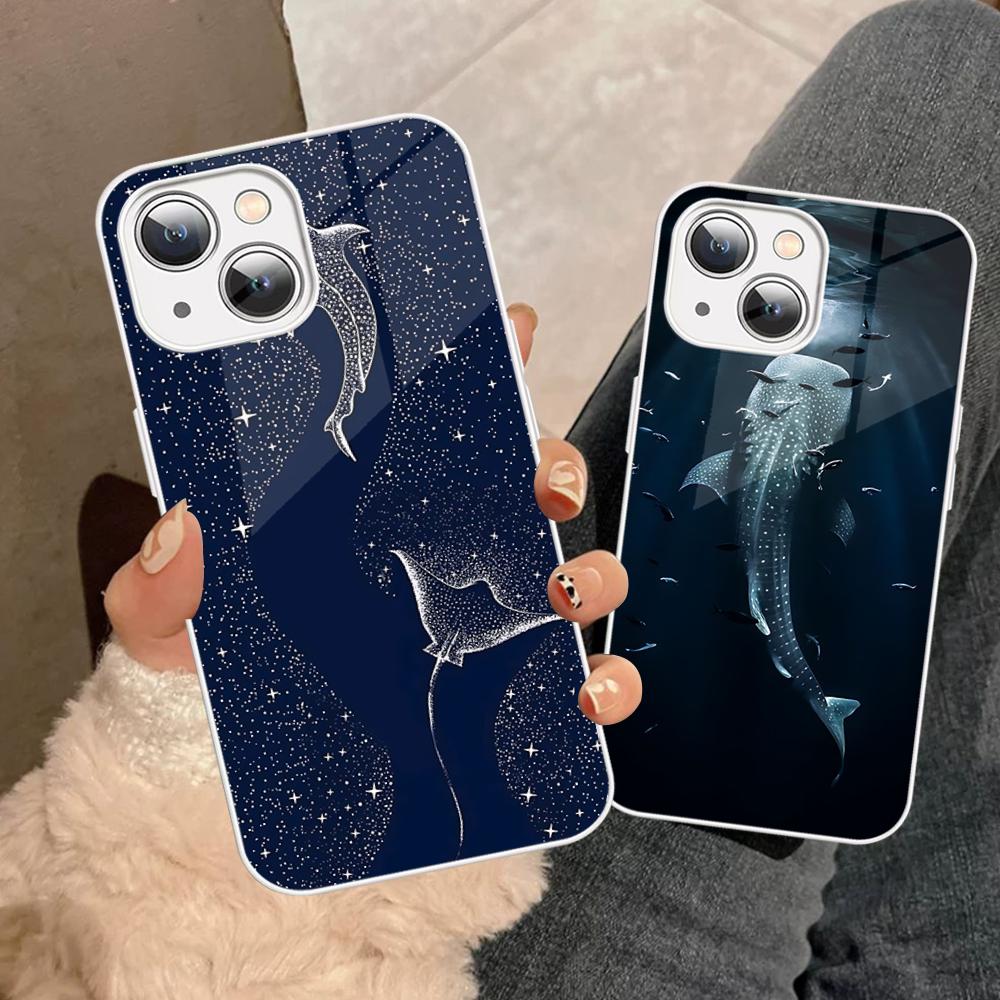 Fashion Trend Animal Sharks Phone Case Tempered Glass For Iphone 14 13 12 11 Pro Mini XS MAX 14Plus X XS XR Fundas