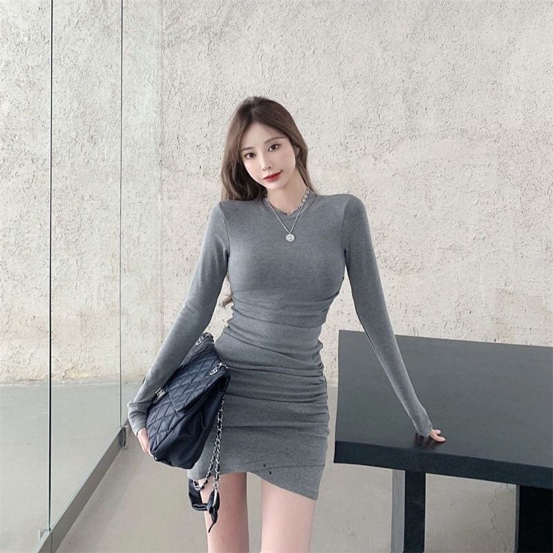 Irregular Sexy Spice Girl Grey Long Sleeve Dress Women's Spring New Slim and Skinny Pure Buttocks Short Skirt