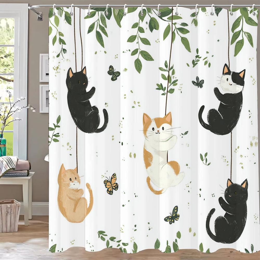 Cartoon Cat Shower Curtain, Plant leaves Bathroom Decorative Shower Curtain, Printed Fabric Home Curtain with Hooks