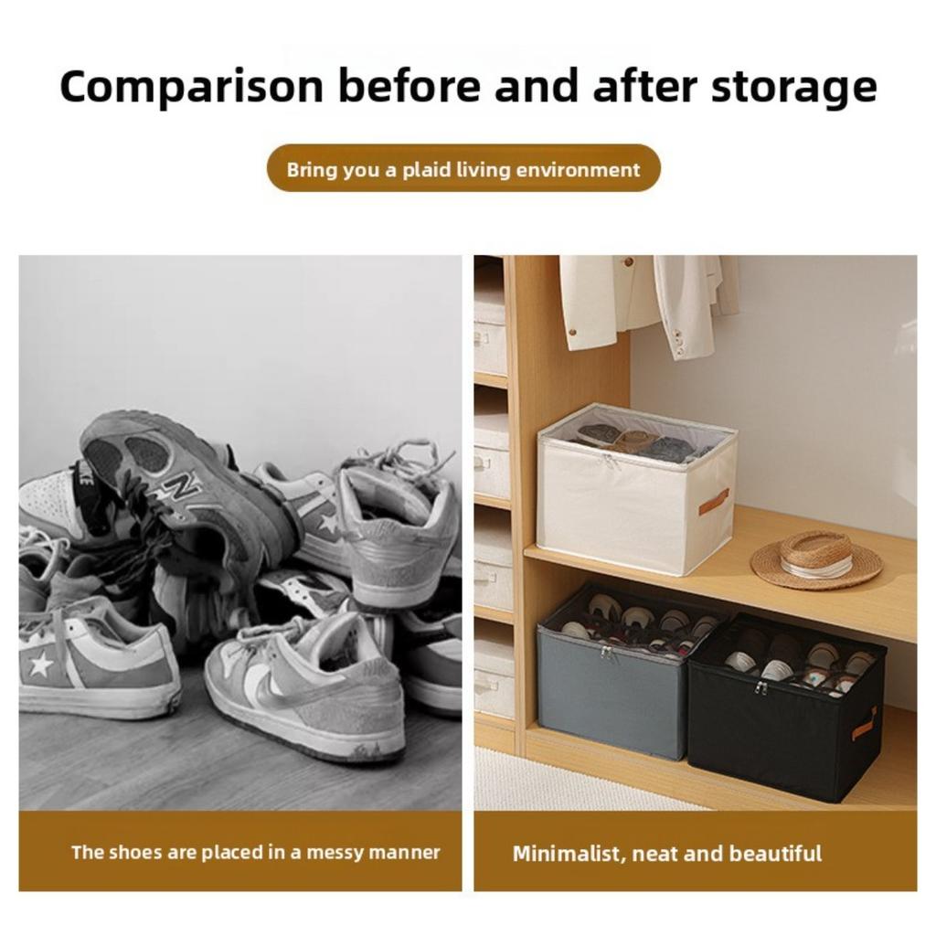 Oxford Cloth Space Saving Shoe Storage Organizer, with Adjustable Partition, Foldable, Suitable for Shoes, Clothes, and Accessories, with Zipper