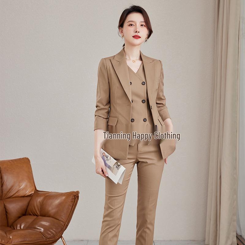 Khaki Professional Women's Three-Piece Suit Set - Commuter Style Formal Vest for Autumn/Winter