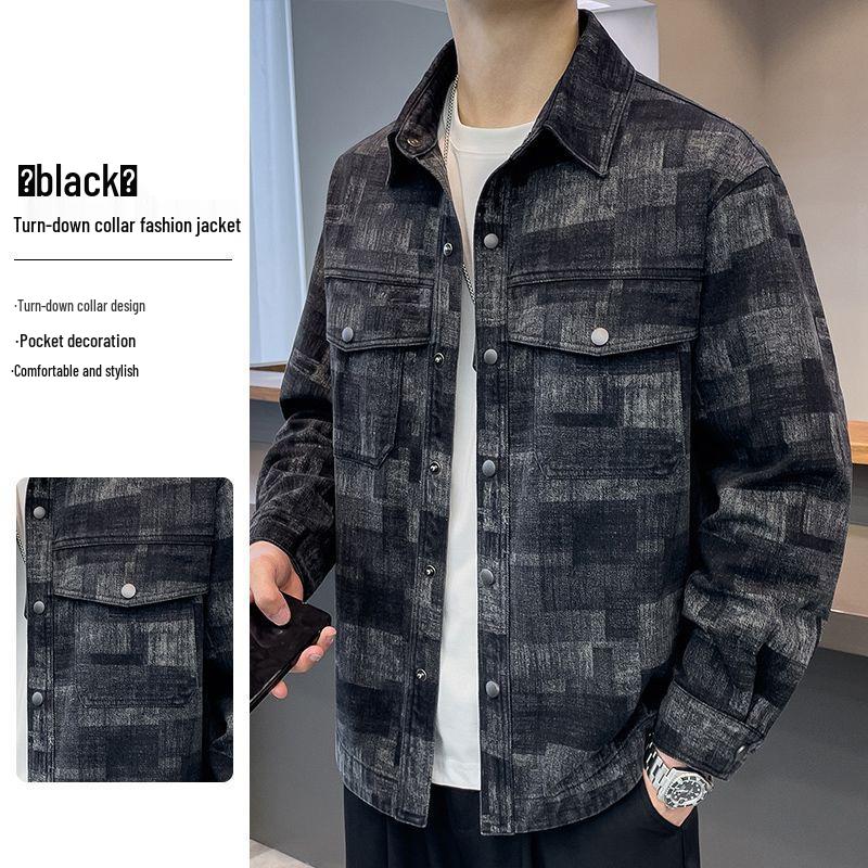 2025 Spring/Autumn Men s Trendy Cross-Plaid Denim Lapel Jacket XXL