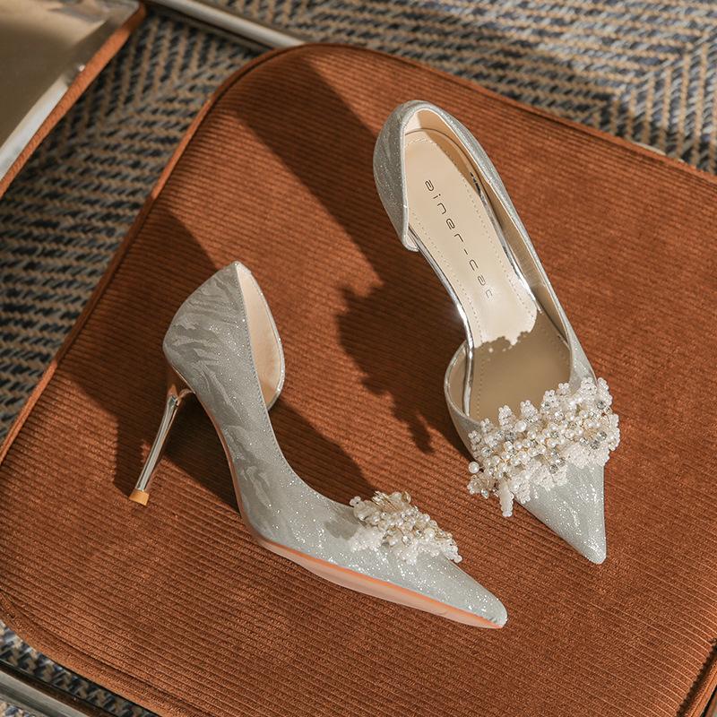 

8335-2 Женские туфли на высоком каблуке стилет зима 2025 новые французский кристалл свадебные туфли с острым носком с открытыми боками свадебные туфли 39