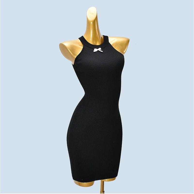 Halterneck Sunken Stripe Silm Bodycon Dress Narrow Shoulder Knitting Dress Black Inner Sling Dress