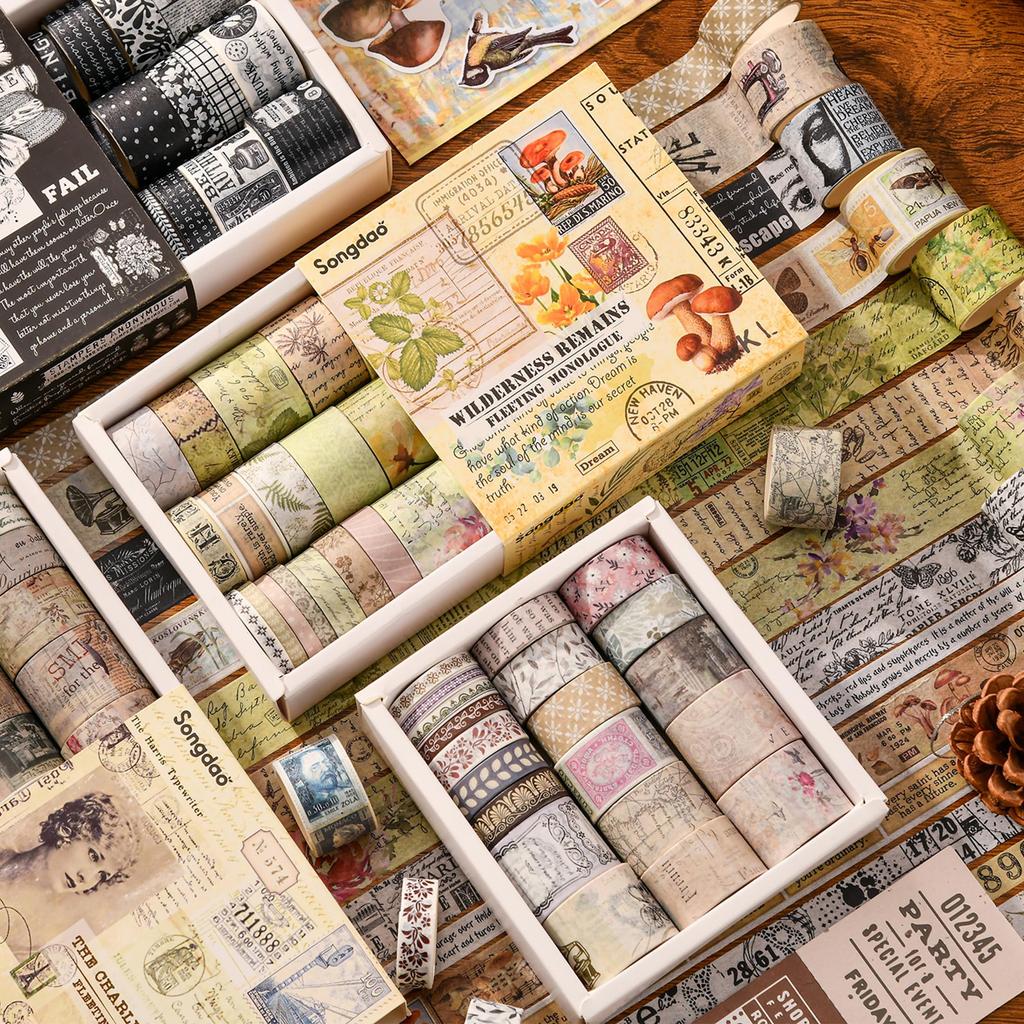 Songdao 20 Rolls Retro Masking Tape Nostalgic Vintage Washi Washi Tape for DIY Crafts Painting Set, Creativity, Tape, Women's Style, Packaging, (Oil