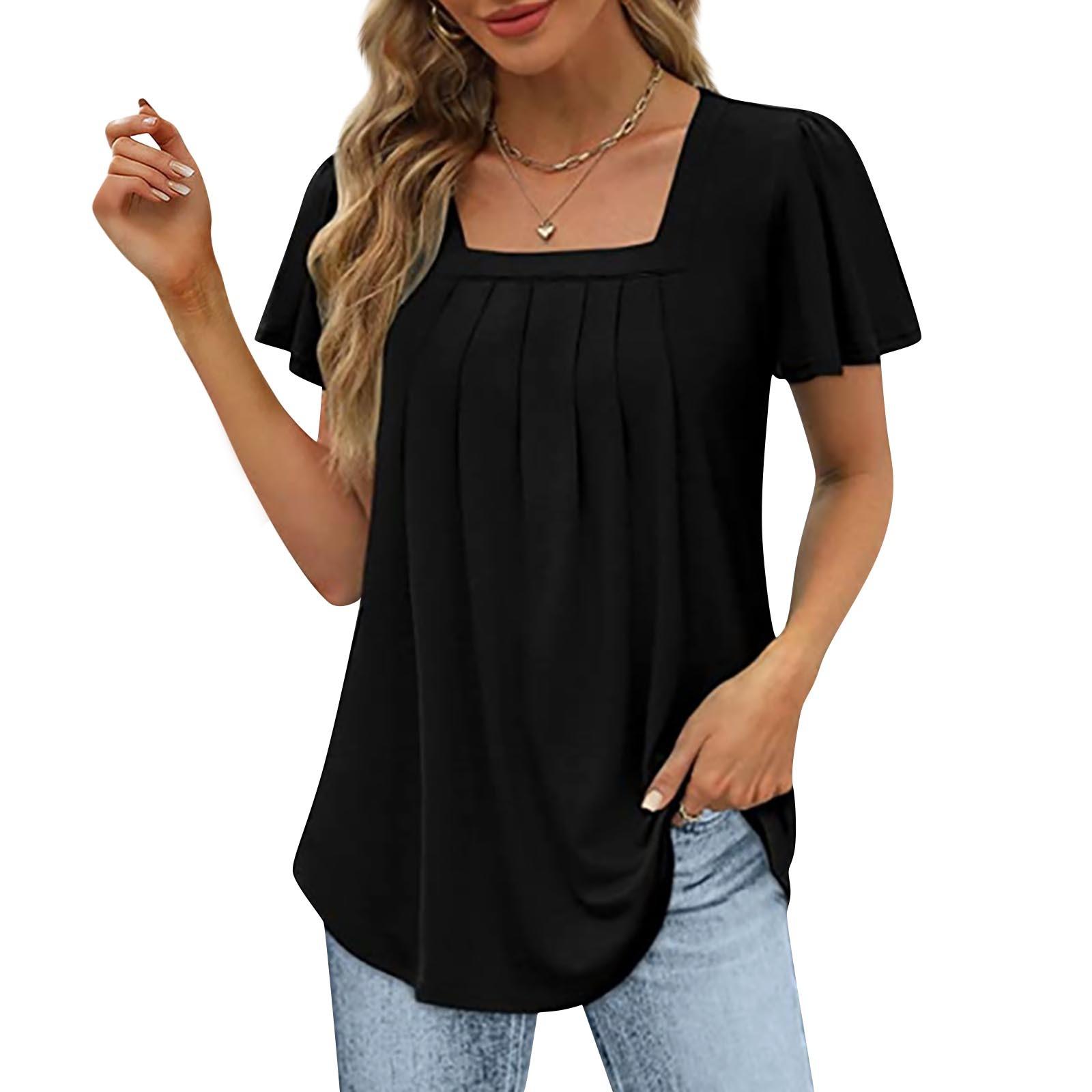 

Женский однотонный дышащий топ с короткими рукавами и квадратным вырезом с короткими рукавами и рюшами L чёрный