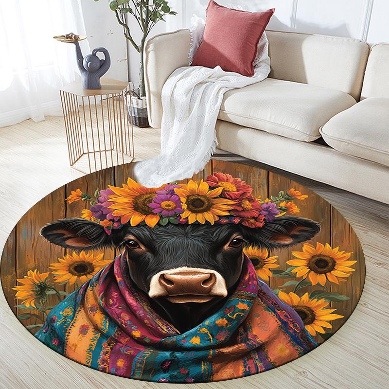 Cow with Sunflower Round Area Rug,Carpet Rug for Living Room Bedroom Sofa Playroom Decor,Non-slip Floor Mat