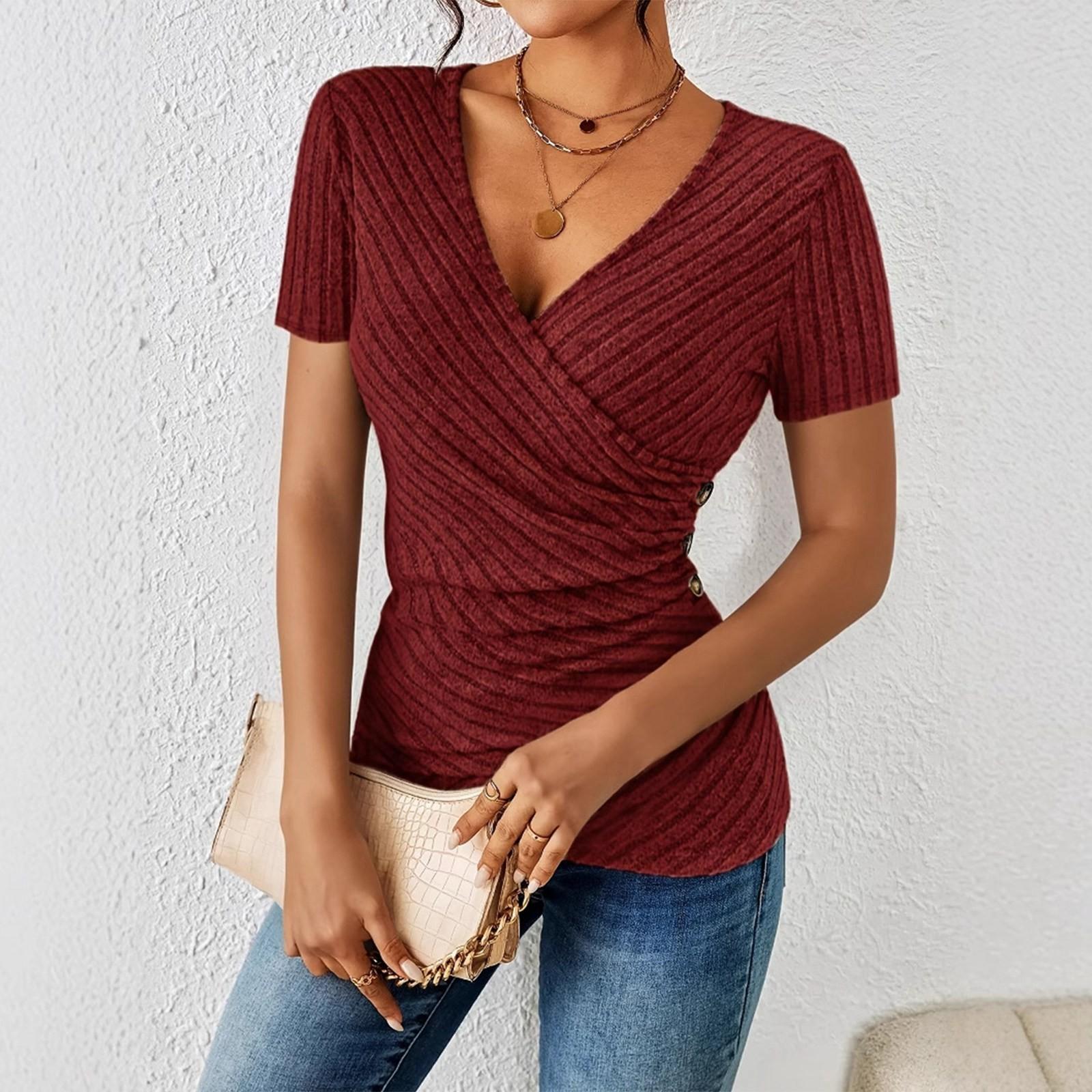

Women s Fashion Casual Color V-neck Casual Short-sleeved Top XL