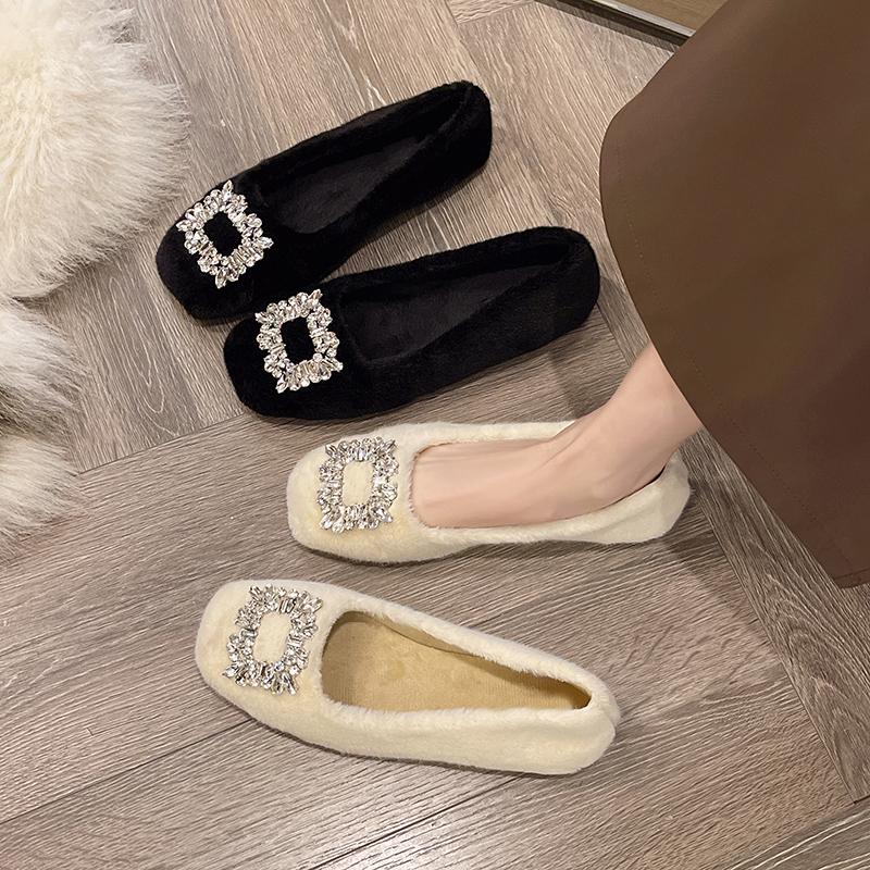 Fashion Winter Shoes Women Autumn Crystal Casual Female Sneakers Elegant Loafers Fur Buckle Flats Fall Boat Rhinestone New Dress