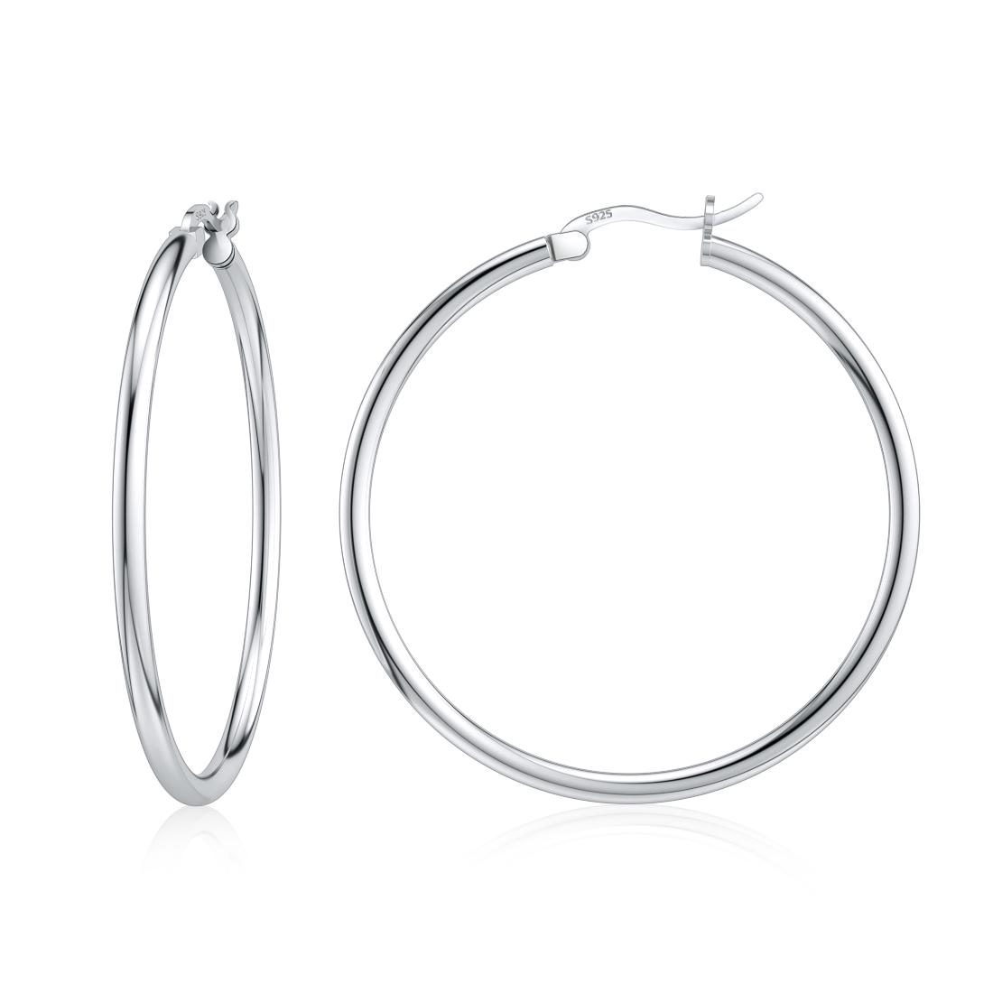 925 Sterling Silver Hoop Earrings For Women Girl 1460mm Smooth Circle