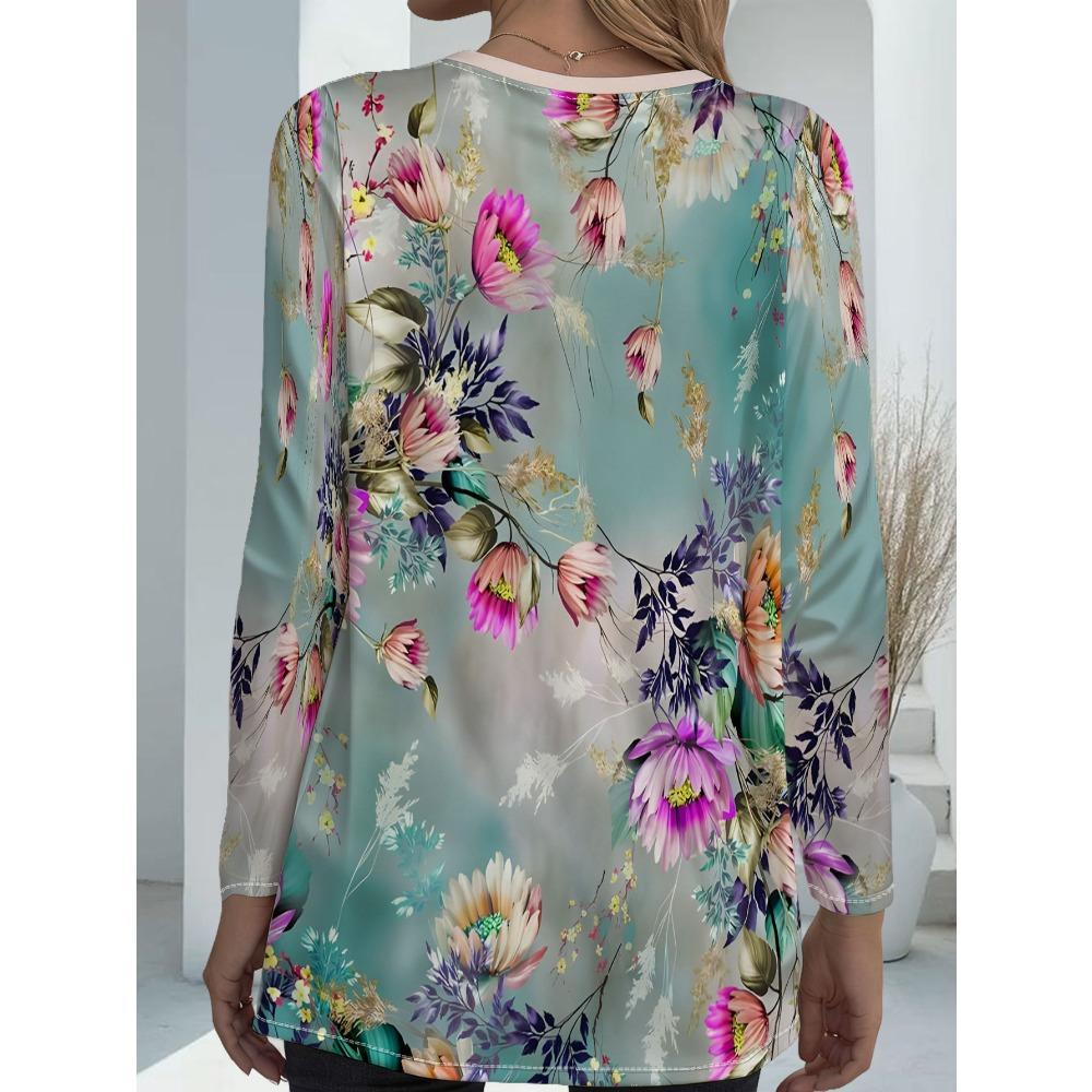 Women's plus size with pocket design spring new printed long-sleeved loose top