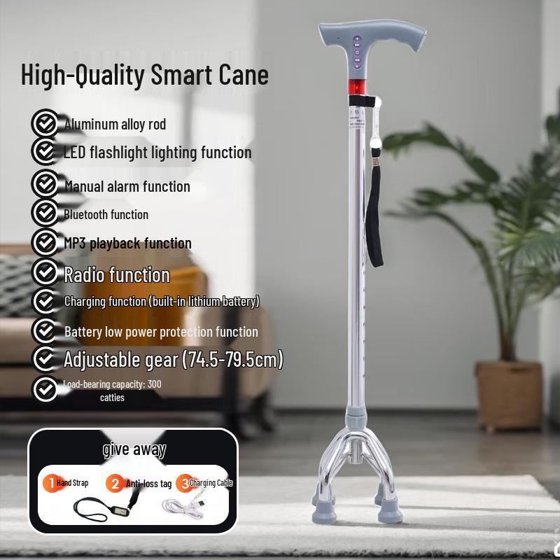 LED Smart Elderly Cane with Alarm, Radio, Retractable Legs & Non-slip Base