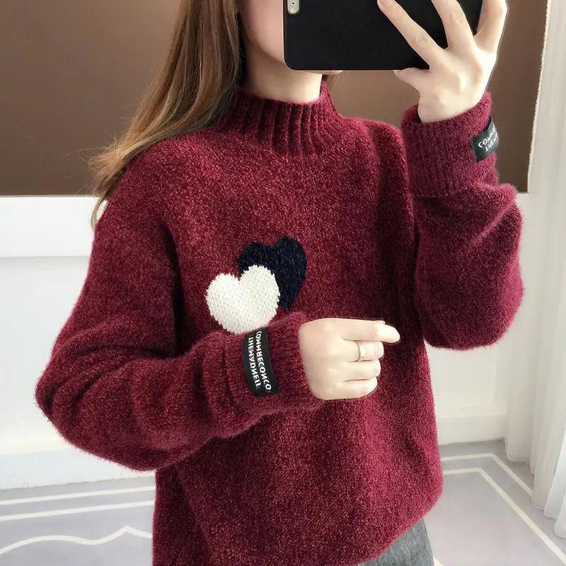 

Универсальный женский свитер с длинным рукавом и сердечком - осенне-зимний пуловер свободной вязки с полувысоким воротником, утолщенный для тепла. One Size (80-145 jin) вино красного