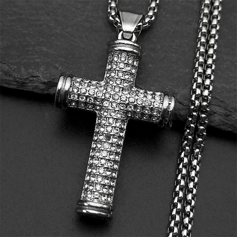 Stainless Steel Christian Rhinestones JESUS CROSS Pendant Necklaces for Women Men Gold Color Chain Amulet Necklace Jewelry