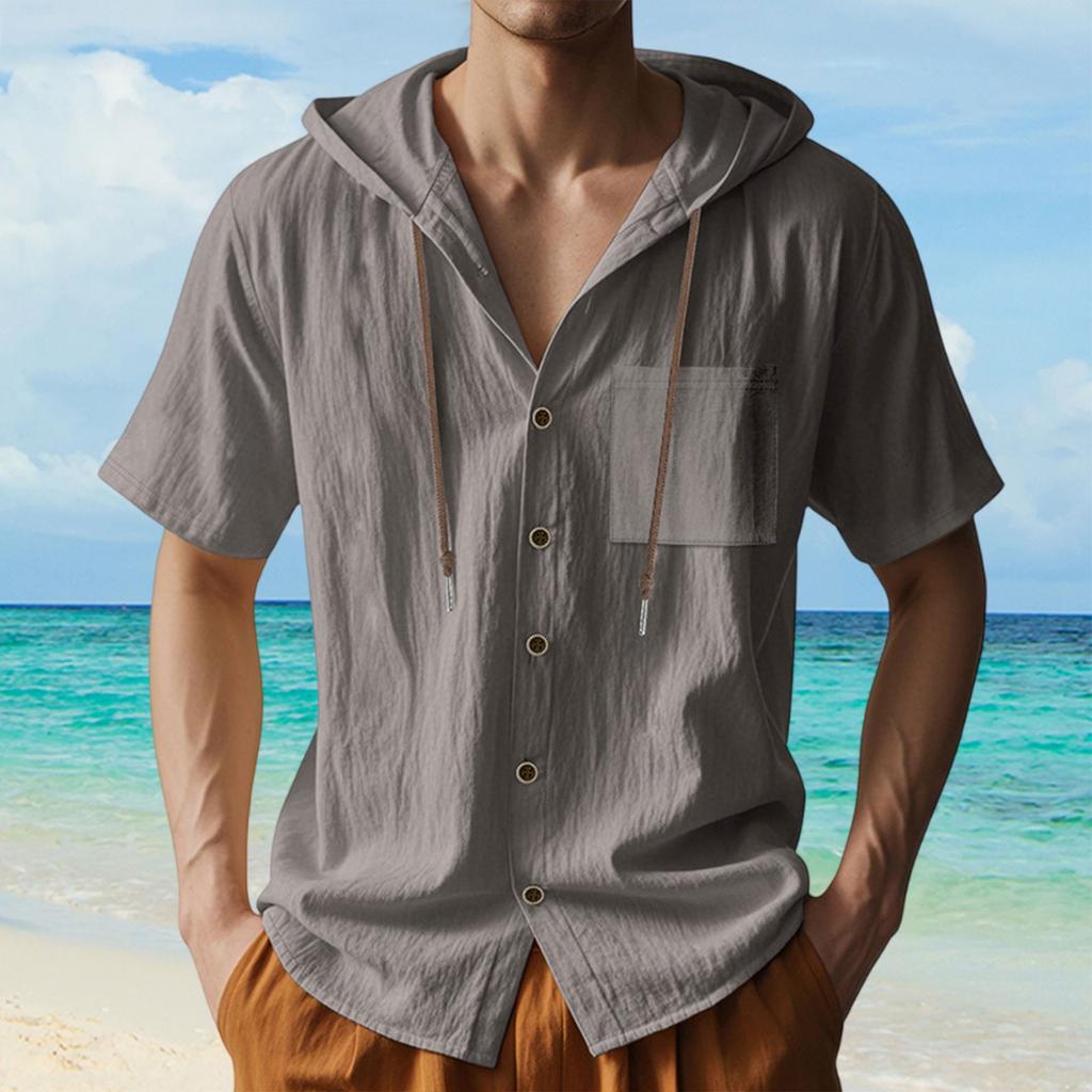 Men's Linen Quick-Dry Hoodie Shirts  Summer Casual Loose Breathable Button-Down Short Sleeve Hoodies