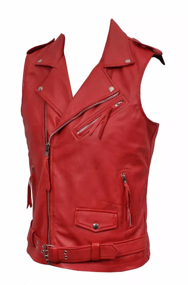Handmade Men's 100% Real Leather Red Waistcoat Button Western Vest Coat Lambskin