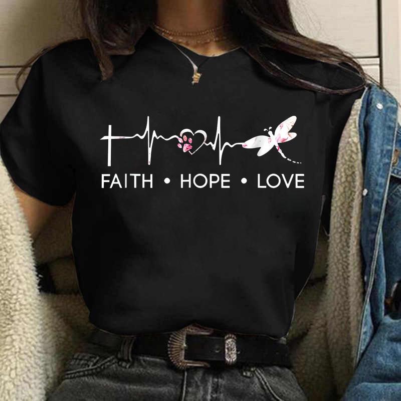 New Love Heart Dragonfly Print Women T-Shirt Fashion Casual Short Sleeves Ladies O-Collar T Shirts Streetwear Graphic Print Tops